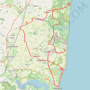 Dunwich to Aldborough loop ride trail, distance, elevation, map, profile, GPS track